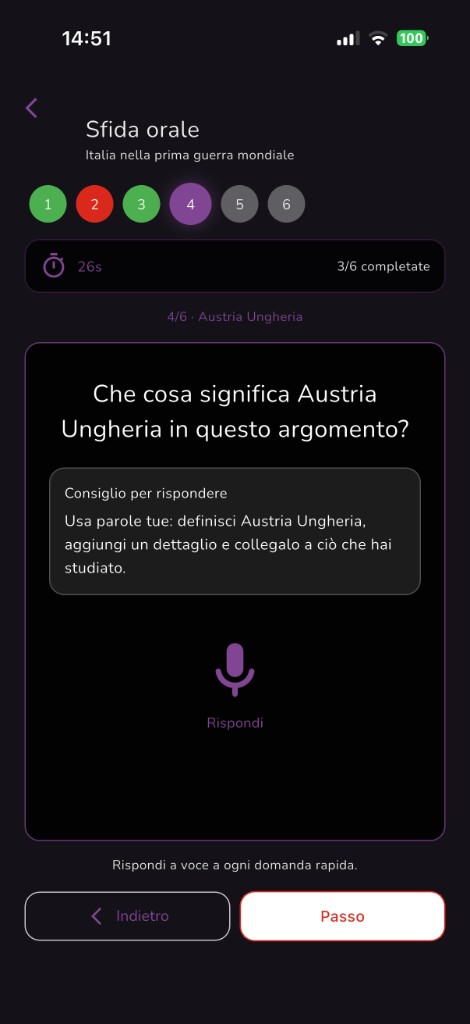 Schermata StudyVoice della funzione Sfida orale
