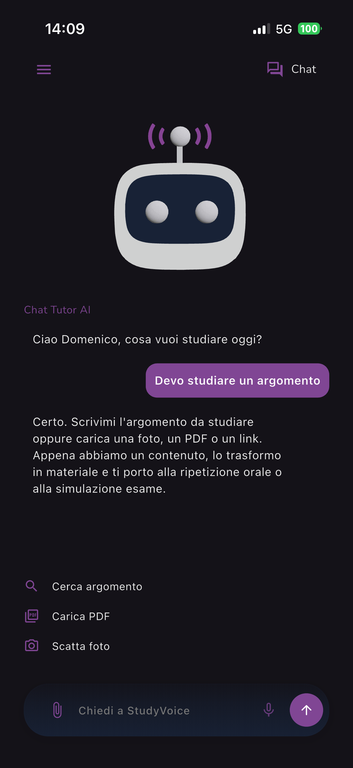 Schermata dell'app StudyVoice con Tutor AI