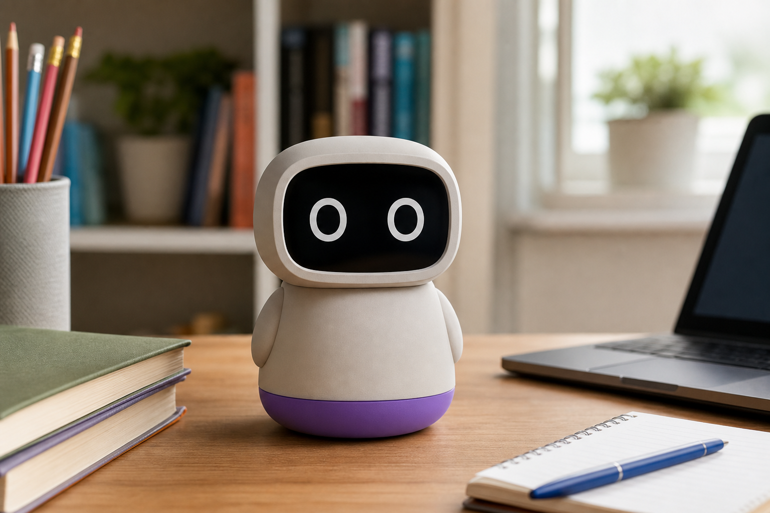 Teach Robot su una scrivania con libri e appunti